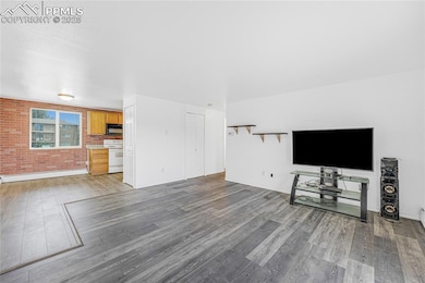 Unfurnished living room featuring brick wall, light wood-style floors, and a baseboard heating unit
