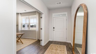 Foyer entrance with dark hardwood / wood-style flo