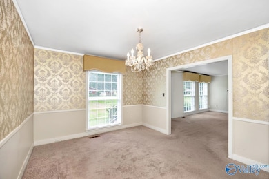 Carpet, chair rail, crown molding