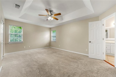 Unfurnished room featuring a raised ceiling, ceiling fan, plenty of natural light, and light colored carpet