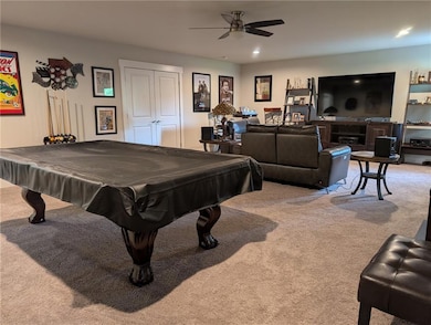 Playroom with carpet, a ceiling fan, billiards table, and recessed lighting