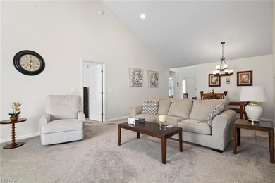 Carpeted living room featuring a high ceiling and 