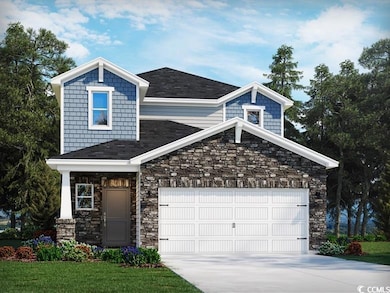 View of front of house featuring a garage, roof with shingles, stone siding, and concrete driveway