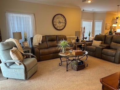 Carpeted living room with ornamental molding, visi