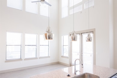 Kitchen with pendant lighting, a high ceiling, and a wealth of natural light