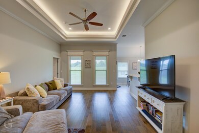 Living room with dark hardwood / wood-style floors