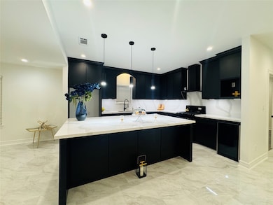 This modern kitchen features sleek black cabinetry