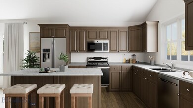 Kitchen rendering showing cabinets and GE applianc