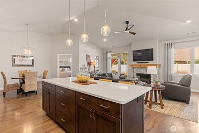 Kitchen island, dining area and great room