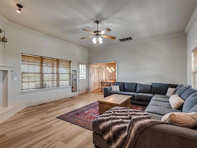 Living area with crown molding, light wood-style flooring, and a ceiling fan
