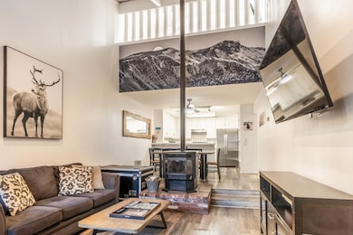 Living area with a wood stove and light wood-style flooring