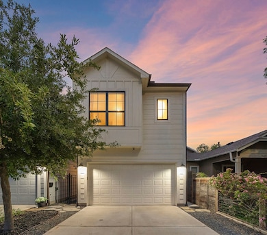 Modern two-story exterior features crisp board-and