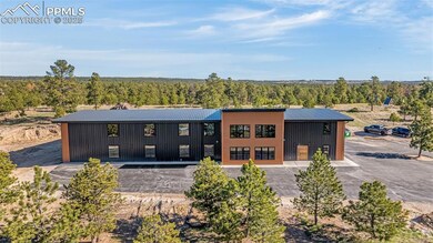 View of front of home with a metal roof, uncovered parking, and a view of trees