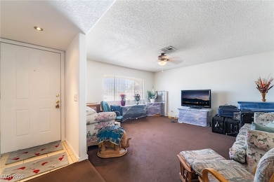 Carpeted living room featuring ceiling fan and a t