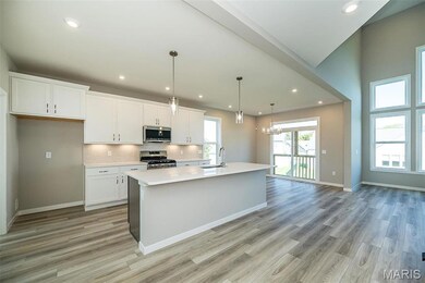 Kitchen with light hardwood / wood-style floors, white cabinetry, stainless steel appliances, decorative light fixtures, and a kitchen island with sink