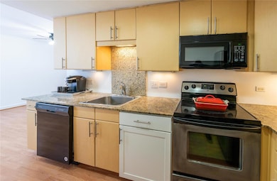 Kitchen has granite counter tops, electric range, 