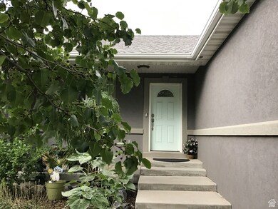 View of exterior entry with a shingled roof and stucco siding