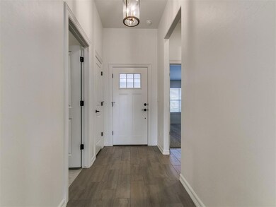 Foyer featuring dark wood-style flooring, baseboar