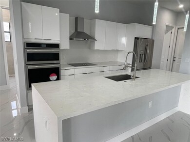 Kitchen with stainless steel appliances, white cabinets, wall chimney exhaust hood, sink, and a kitchen island with sink
