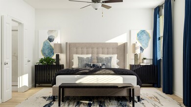 Bedroom featuring light wood-style floors and ceiling fan