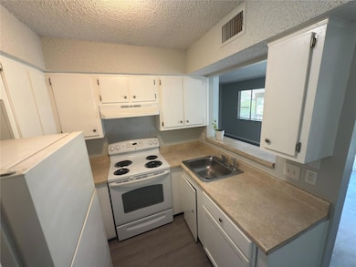 Kitchen with white range with electric cooktop, a