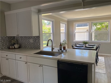 Kitchen featuring light wood-style flooring, tasteful backsplash, black dishwasher, ornamental molding, and light countertops