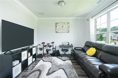 Living area featuring dark wood-style flooring, ornamental molding, and baseboards