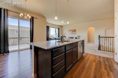 Kitchen featuring dark brown cabinets, dark wood-style floors, arched walkways, a sink, and dishwasher