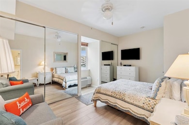 Bedroom with two closets, wood finished floors, and a ceiling fan