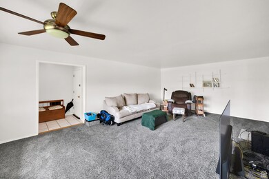 Carpeted living room featuring ceiling fan and tile patterned floors