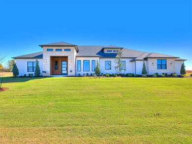 Hill Country Modern style home featuring a front lawn, stone siding, and a shingled roof