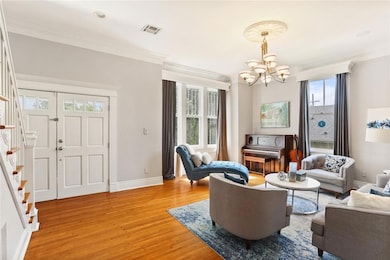 Living room with surround sound speakers.