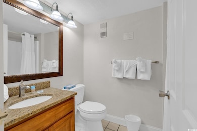 Full bath featuring visible vents, toilet, vanity,