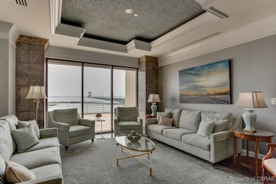 Living room featuring ornamental molding and a rai