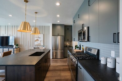 Kitchen featuring appliances with stainless steel finishes, dark countertops, dark wood-style floors, and recessed lighting