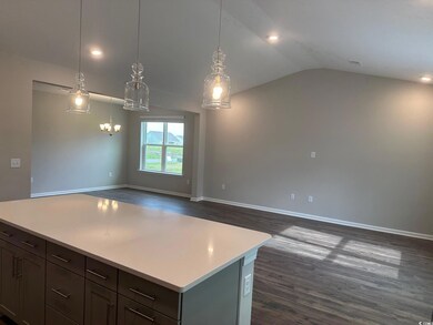 Kitchen featuring lofted ceiling, a notable chande
