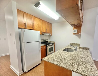 Kitchen with light stone counters, freestanding refrigerator, light wood-style floors, gas range, and a peninsula