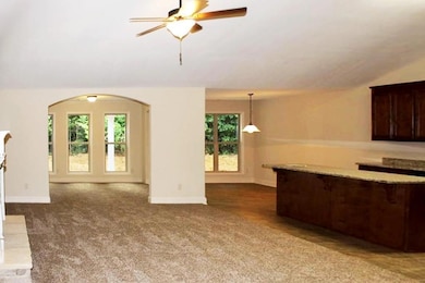 Unfurnished living room with a ceiling fan, dark c