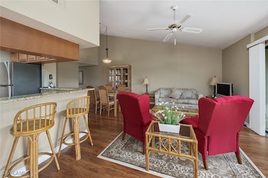 Living room with ceiling fan, dark hardwood / wood