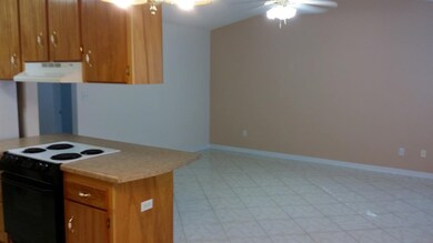 Kitchen looks out to living room