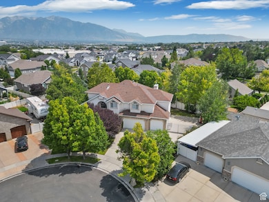 Aerial view of residential area with mountains