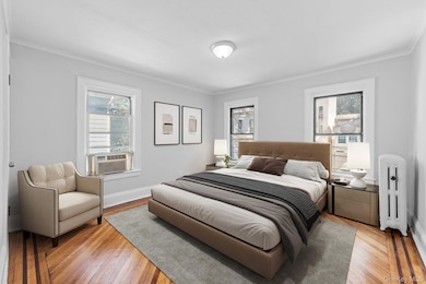 Bedroom with radiator, ornamental molding, wood finished floors, and multiple windows
