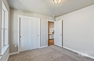 Unfurnished bedroom featuring carpet, a closet, and a textured ceiling