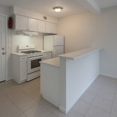 Clean, compact kitchen with bar counter, gas stove