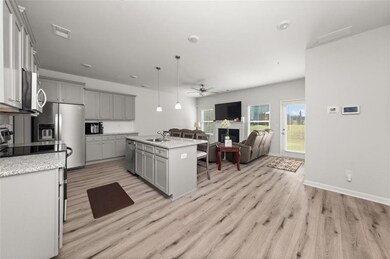 Kitchen with gray cabinetry, ceiling fan, open floor plan, appliances with stainless steel finishes, and light wood-type flooring