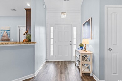 Foyer entrance with dark hardwood / wood-style flo