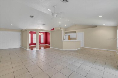 Open plan with volume ceilings.