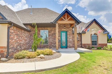 Curved sidewalk and porch, rustic beam accents, cl