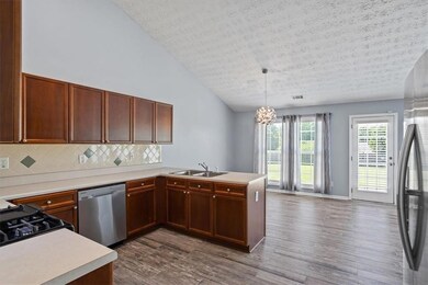 Kitchen featuring appliances with stainless steel finishes, a sink, a peninsula, dark wood-style floors, and light countertops