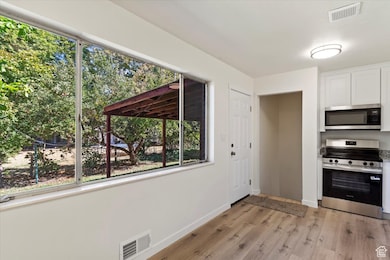 Kitchen with stainless steel appliances, light wood-style floors, white cabinetry, and light stone countertops